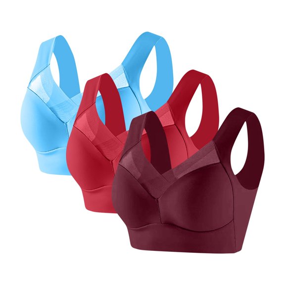 3 Pack Womens Seamless Sports Bras No Underwire Mesh Breathable Full Coverage Support Yoga Running Bra (XL, Sky Blue/Red/Wine)