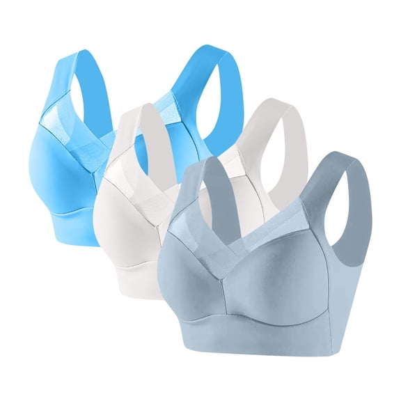 3 Pack Womens Seamless Sports Bras No Underwire Mesh Breathable Full Coverage Support Yoga Running Bra (XL, Sky Blue/White/Sky Blue)
