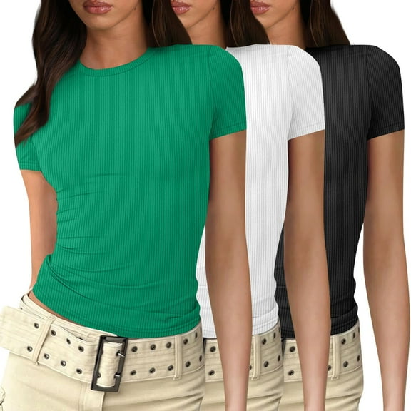 3 Pack Womens Short Sleeve Crop Tops Blouson Juniors Thermal Fashion Slim Fitted Basic Tee Crew Neck Trendy Y2k Layering Tight Shirt Outfit Teen Girls Athletic Tops Green XL