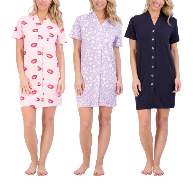 3 Pack Womens Short Sleeve Full ButtonDown Henley Nightshirt