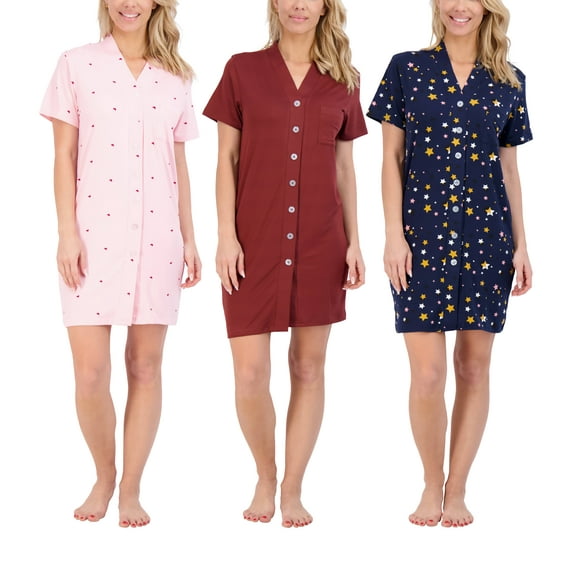 3 Pack: Womens Short Sleeve Full Button-Down Henley Nightshirt Nightgown Sleep Dress (Available In Plus Size)