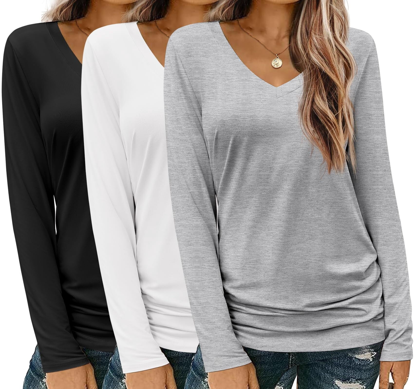 3 Pack Womens T Shirts V Neck Long Sleeve Shirt Casual Tops Soft Solid ...
