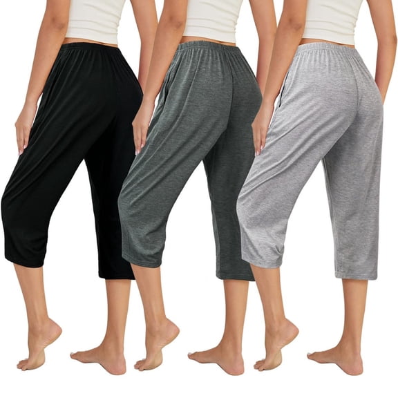 3 Pack Womens Ultra-Soft Capri Pajama Pants Elastic Waistband Sleepwear Bottoms Sleep Pants Plus Size Black Gray XL