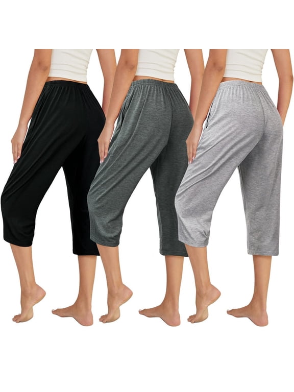 3 Pack Womens Ultra-Soft Capri Pajama Pants Elastic Waistband Sleepwear Bottoms Sleep Pants Plus Size Black Gray L
