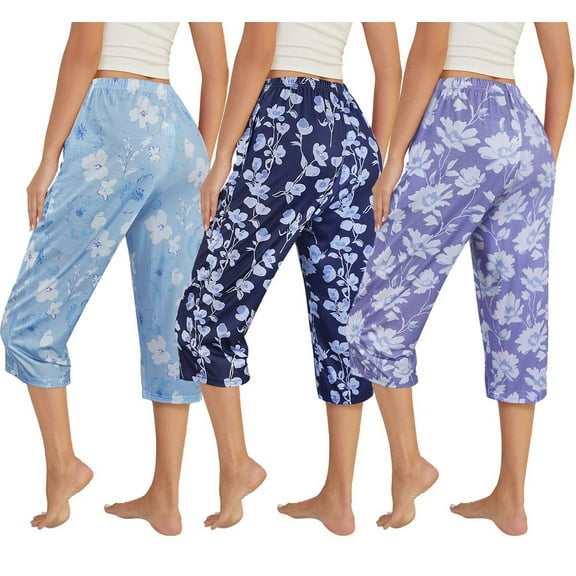 3 Pack Womens Ultra-Soft Capri Pajama Pants Adjustable Waistband Sleepwear Bottoms Sleep Pants Plus Size S-XXXL
