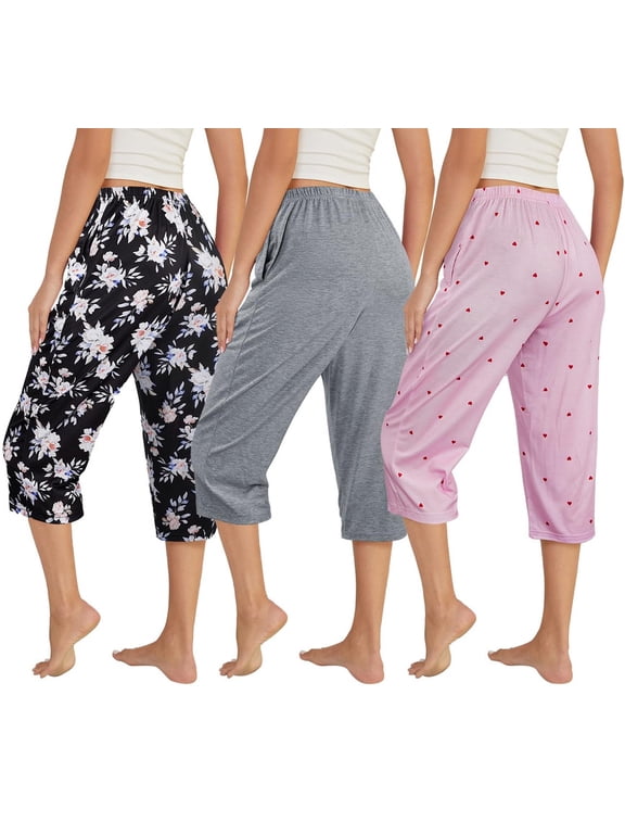 3 Pack Womens Ultra-Soft Capri Pajama Pants Elastic Waistband Sleepwear Bottoms Sleep Pants Plus Size 2XL