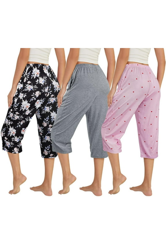 3 Pack Womens Ultra-Soft Capri Pajama Pants Adjustable Waistband Sleepwear Bottoms Sleep Pants Plus Size S-XXXL