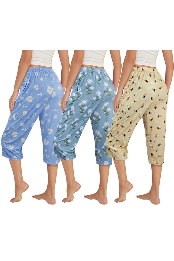 3 Pack Womens Ultra-Soft Capri Pajama Pants Elastic Waistband Sleepwear Bottoms Sleep Pants Plus Size L