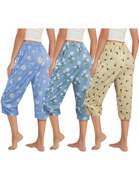 3 Pack Womens Ultra-Soft Capri Pajama Pants Elastic Waistband Sleepwear Bottoms Sleep Pants Plus Size M