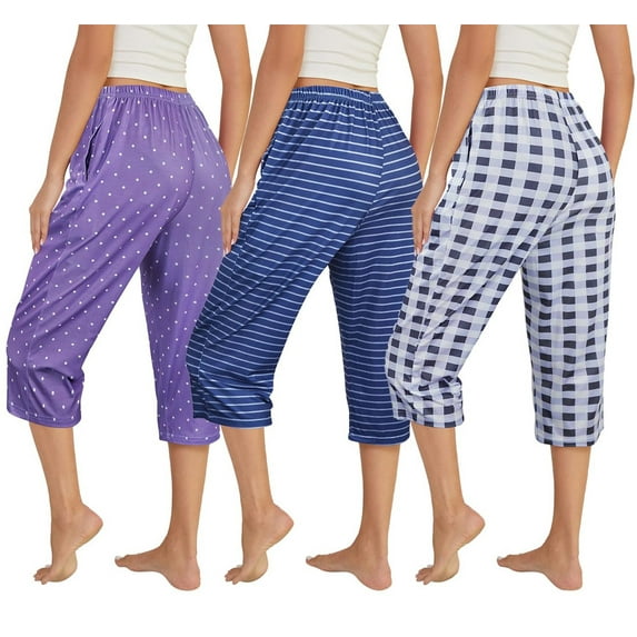 3 Pack Womens Ultra-Soft Capri Pajama Pants Elastic Waistband Sleepwear Bottoms Sleep Pants Plus Size 2XL