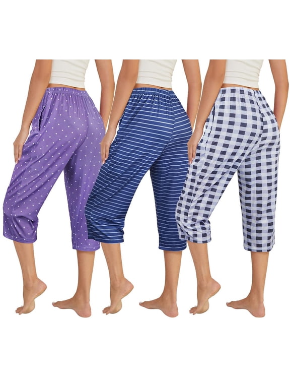 3 Pack Womens Ultra-Soft Capri Pajama Pants Elastic Waistband Sleepwear Bottoms Sleep Pants Plus Size M