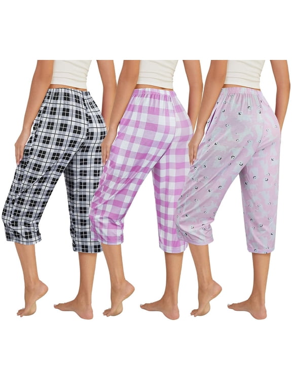3 Pack Womens Ultra-Soft Capri Pajama Pants Elastic Waistband Sleepwear Bottoms Sleep Pants Plus Size 2XL
