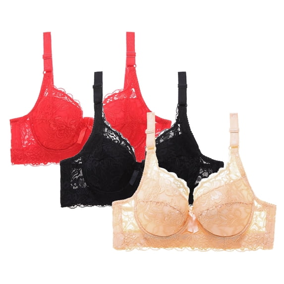 3 Pack Womens Underwire Push up Bras Plus Size Floral Lace Full Coverage Bralettes Unpadded Lifting Seamless Bras Multicolor, 40/90BCD