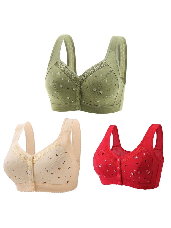 3 Pack Womens Wireless Bra Plus Size Seamless Comfort Front Button Bralette Wirefree Stretch Push Up Underwear