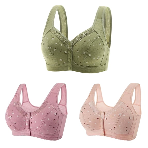 3 Pack Womens Wireless Bra Plus Size Seamless Comfort Front Button Bralette Wirefree Stretch Push Up Underwear
