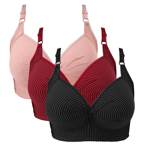 3 Pack Womens Wireless Push-Up Bras Everyday Plus Size Full Coverage Bralette Ruched Striped Brassiere Underwear, 40/90BC