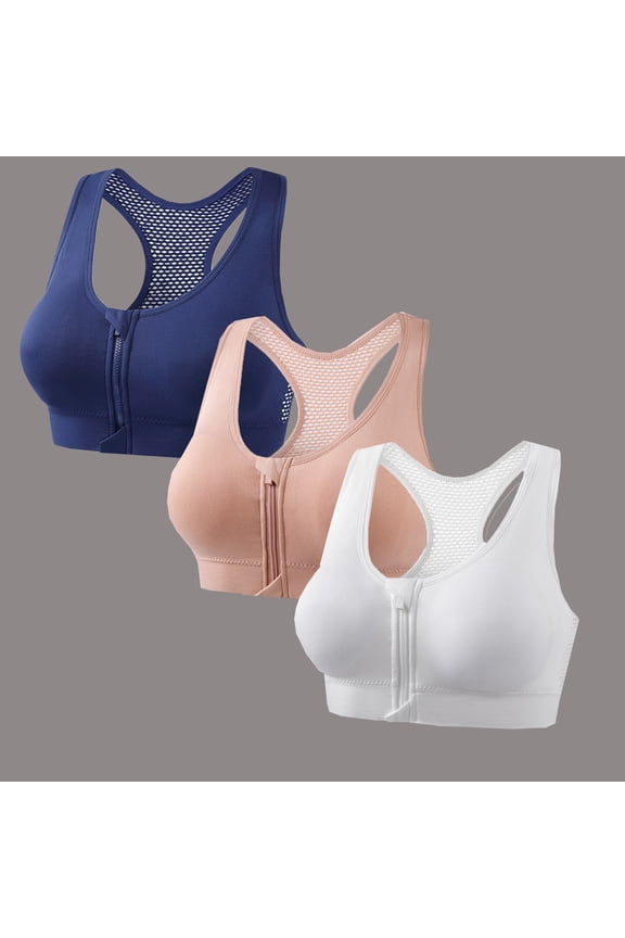 3-Pack Womens Zip Front Sports Bra, Medium Support Wireless Padded Racerback Yoga Gym Athletic Bras