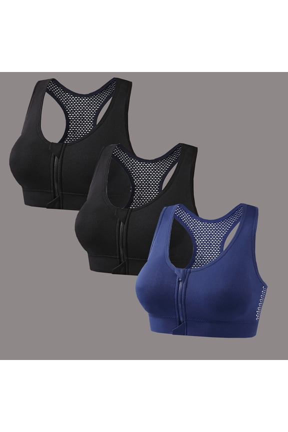 3-Pack Womens Zip Front Sports Bra, Medium Support Wireless Padded Racerback Yoga Gym Athletic Bras