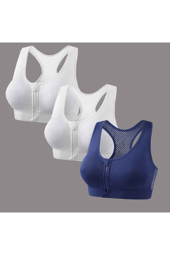 3-Pack Womens Zip Front Sports Bra, Medium Support Wireless Padded Racerback Yoga Gym Athletic Bras