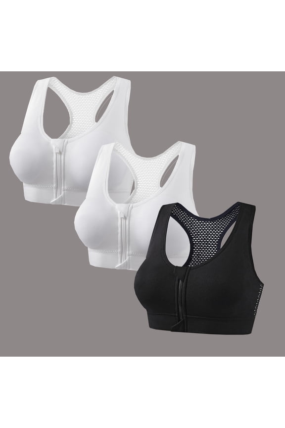 3-Pack Womens Zip Front Sports Bra, Medium Support Wireless Padded Racerback Yoga Gym Athletic Bras