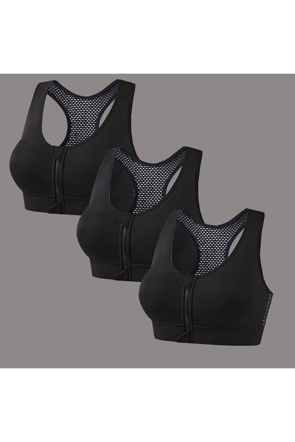 3-Pack Womens Zip Front Sports Bra, Medium Support Wireless Padded Racerback Yoga Gym Athletic Bras