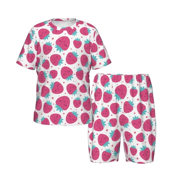 Picia Hand Drawn Strawberry Printed Boys' Kids-PJ Snug Fit Cotton Short Sleeve Top and Shorts 2 Piece Pajama Set-XX-Large