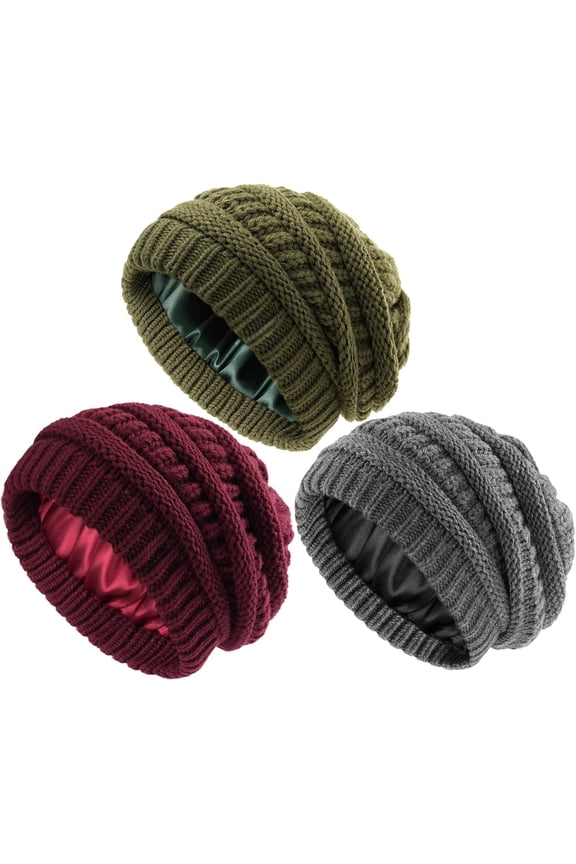 3 Pack Womes Slouchy Winter Beanies Knit Hat Satin Lined Thick Warm Fashionable Skull Cap