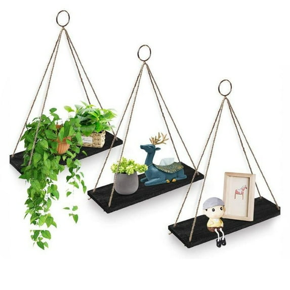 3 Pack Wood Hanging Shelves for Wall Boho Decor Swing Rope Rustic Floating Shelf, Wall Display Shelving Home Organizer Rack