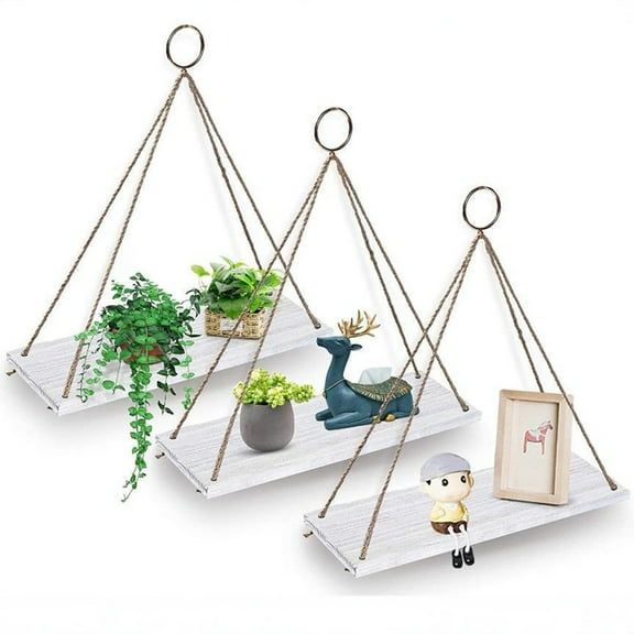 3 Pack Wood Hanging Shelves for Wall Boho Decor Swing Rope Rustic Floating Shelf, Wall Display Shelving Home Organizer Rack