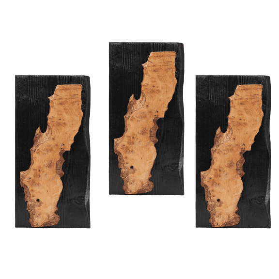 3 Pack Wood Textured Wall Art, Rustic Natural Wood Vertical Panels on Black Wooden Base, Handmade Farmhouse Wall Decor for Living Room, Hallway, Bedroom, Office, Rustic Handcrafted Gift