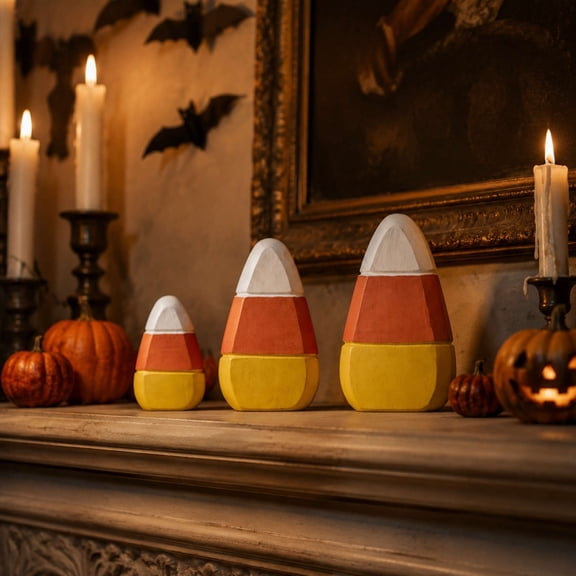 3 Pack Wooden Candy Corn Tiered Decor Set, Hand Painted Fall Harvest Stackable Tabletop Mantel Ornaments
