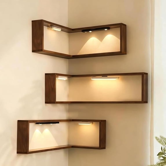 3-Pack Wooden Corner Floating Shelves with Optional LED Smart Lighting ...