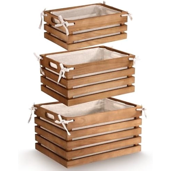 3 Pack Wooden Crates with Liner, Multiple Sizes Wood Crates Decorative Storage Baskets Rustic & Farmhouse Decor for Display Home Pantry Bathroom Cabinets Kitchen Laundry Room Organizing