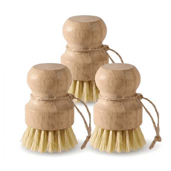 3 Pack Wooden Dish Brush with Sisal Bristles, Bamboo Kitchen Scrub Brush with Hanging Rope, Heavy Duty Pot & Pan Cleaning Brush, Eco-Friendly Non-Scratch Scrubber