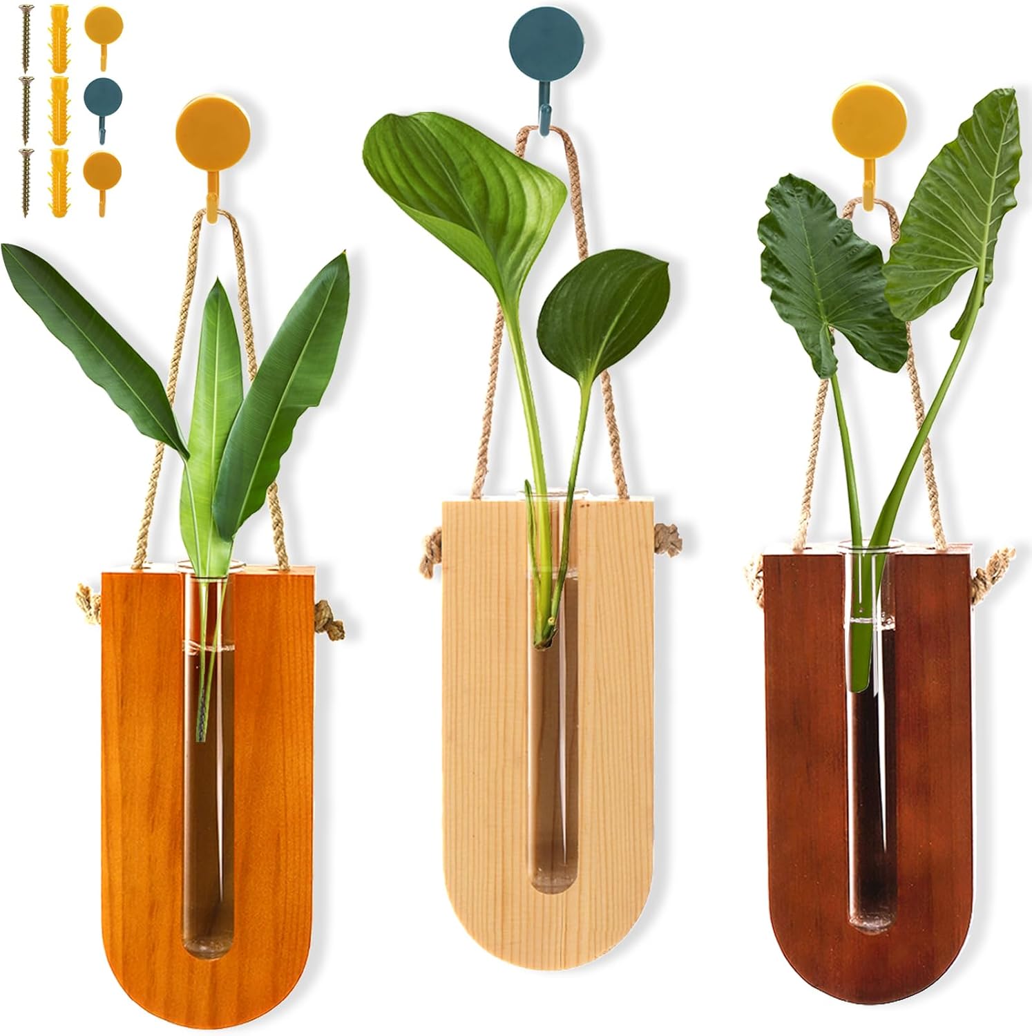 3 Pack Wooden Indoor Wall Planters, 6" Bohemia Hanging Flower Wall Vase ...