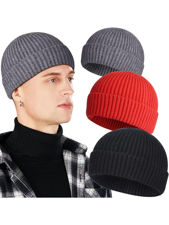 3 Pack Wool Fisherman Beanies for Men, Short Knit Watch Cap Cuffed Trawler Hats