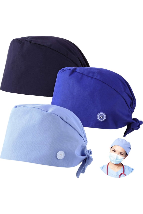 3 Pack Working Cap Scrub Caps with Button,Gourd-Shaped Bouffant Hats Adjustable Tie Back Surgical Cap for Women Men
