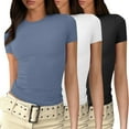 thumbnail image 1 of 3 Pack Workout Short Sleeve Crop Tops For Women Layering Workout Athletic Basic Tee Juniors Cute Thermal Crew Neck Tops Trendy Slim Fitted Teen Girls Y2k Tight Shirt Dark Blue XL, 1 of 6