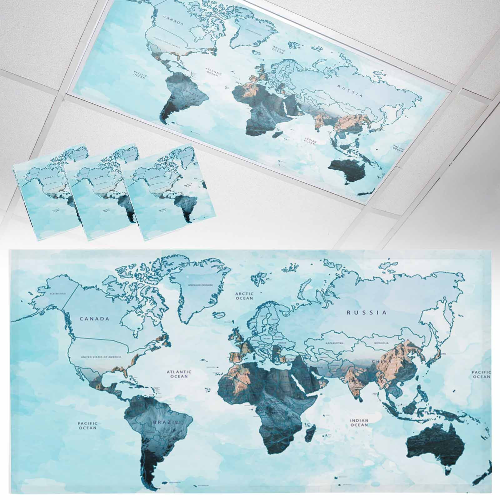 3 Pack World Map Fluorescent Light Covers for Ceiling Lights Blue Map ...