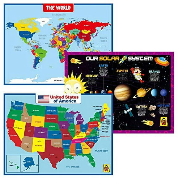 3 Pack - World Map & USA Map & Solar System Wall Poster -Classroom Supplies For Teachers Elementary-18 x 24 inch Laminated
