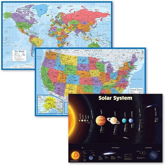 3 Pack - World & USA Maps + Solar System Poster Set [BLUE] (LAMINATED, 18" x 29")