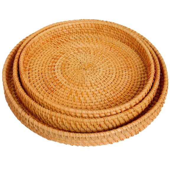 3 Pack Woven Basket Set, Round Decorative Serving Trays with Natural Autumn Vine, Handcrafted Nesting Bowls for Fruit Bread Display, Rustic Home Decor