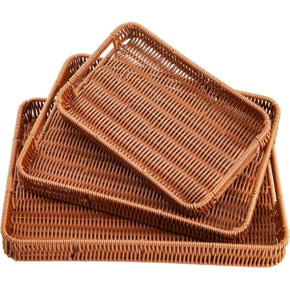 3 Pack Woven Baskets Serving Trays with Handles, Plastic Wicker Bread Baskets Rectangular Platters for Fruit, Vegetables, Breakfast, Snacks, Dining Coffee Table, 3 Sizes