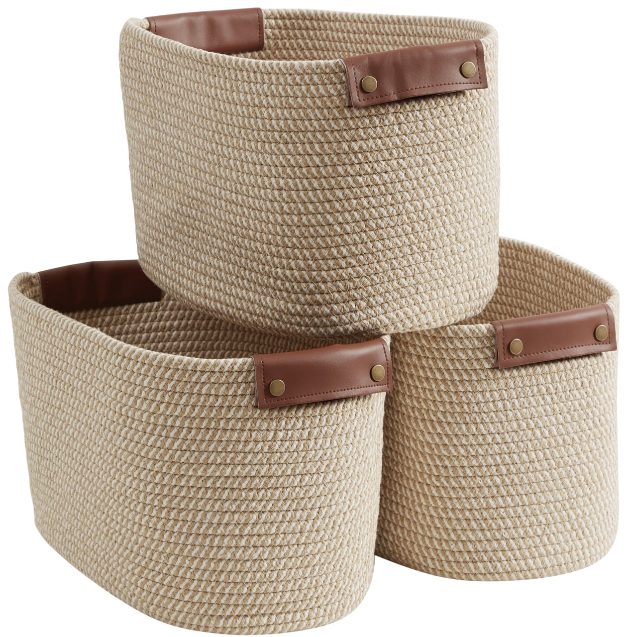 Set of 3 Beige Woven Cotton Rope Storage Baskets with Leather Handles