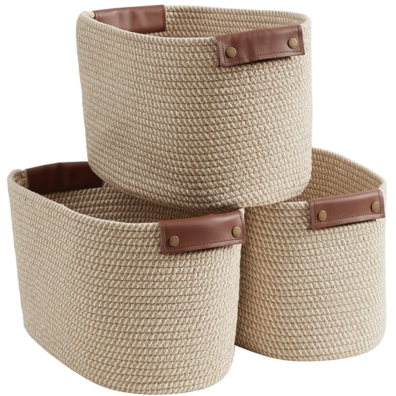 3 Pack Woven Cotton Rope Shelf Storage Basket with Leather Handles, Baby Nursery Storage Bin Organizers, Closet Shelf Storage - 15 x 10 x 9