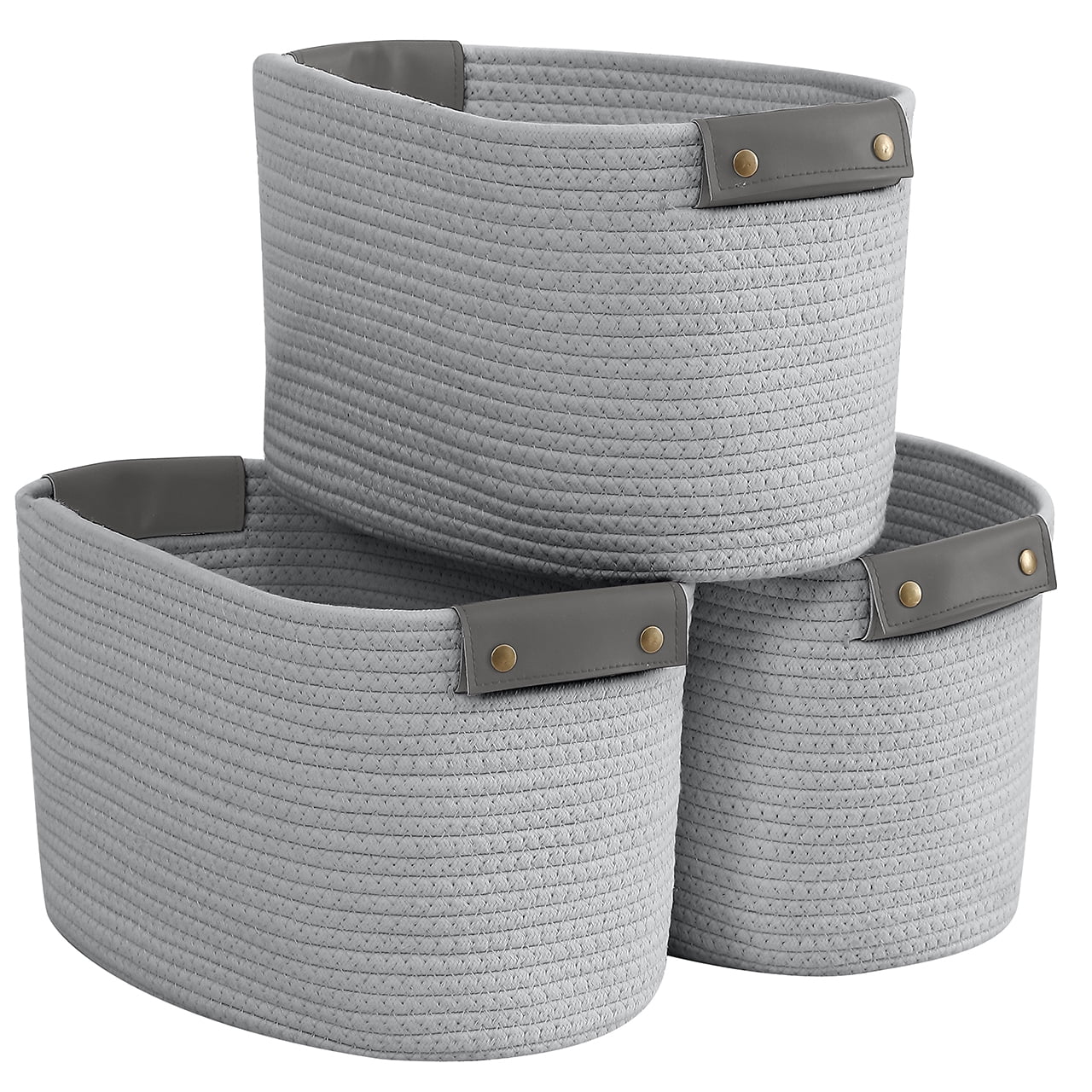 3 Pack Woven Cotton Rope Shelf Storage Basket with Leather Handles, Baby Nursery Storage Bin Organizers, Closet Shelf Storage - 15 x 10 x 9