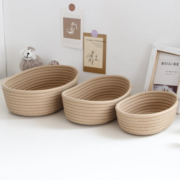 3 Pack Woven Cotton Thread Storage Basket,Storage Organizer Cotton Organizing Basket Toy Baskets Storage Bin for Living Room,Bedroom,Nursery Khaki(S M L)