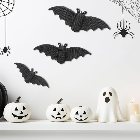 3 Pack Woven Rattan Bat Wall Hanging Halloween Decor, 3D Scary Handcrafted Black Rope Bats, Sturdy Iron Frame, Rustic Natural Farmhouse Halloween Decorations for Home Fireplace Door