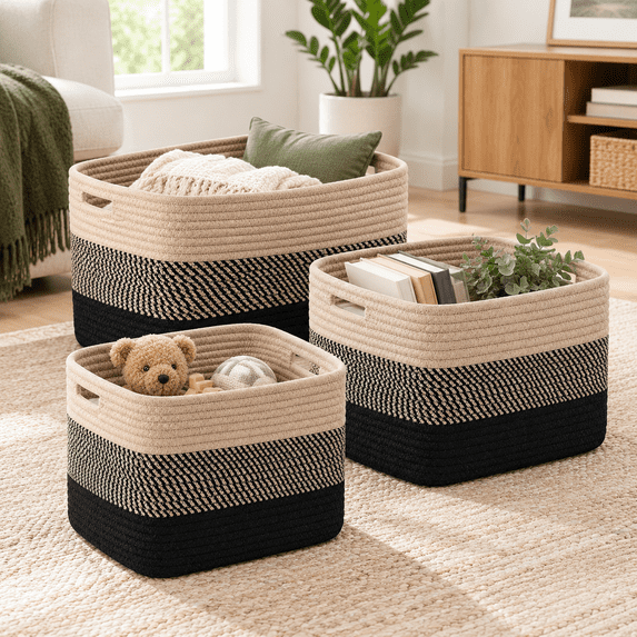 3 Pack Woven Storage Baskets, Black Brown, 17.24 x 11.93 x 4.88 Inches ...
