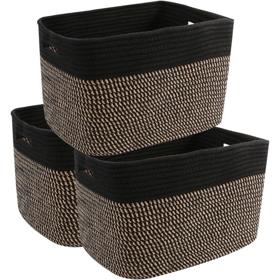 3 Pack Woven Storage Baskets for Shelves,13.5"x11"x9.5"Organizing Bins, Baskets for Toys/Books/Towels/Clothes,Storage box for ,Bedroom&Living Room Organization(Black&Jute)